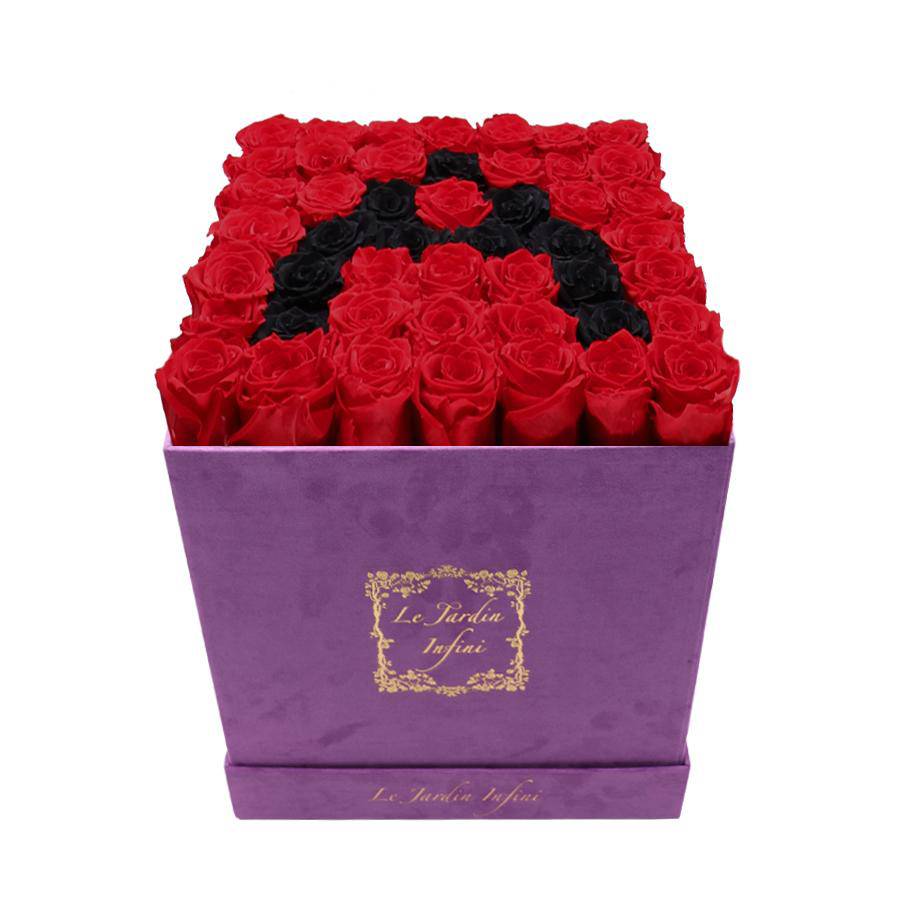 Letter A Black & Red Preserved Roses - Large Square Luxury Purple Suede Box