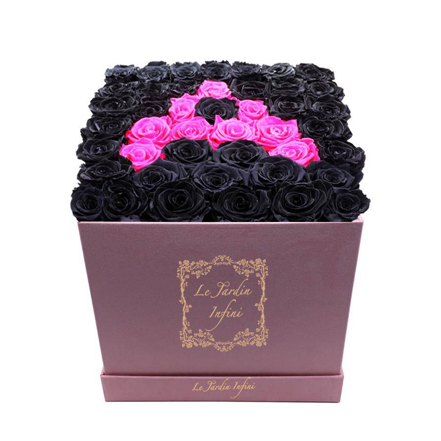 Letter A Hot Pink & Black Preserved Roses - Luxury Large Square Pink Suede Box - Le Jardin Infini Roses in a Box