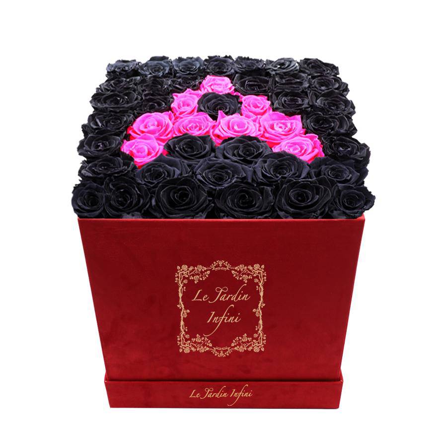 Letter A Hot Pink & Black Preserved Roses - Luxury Large Square Red Suede Box - Le Jardin Infini Roses in a Box