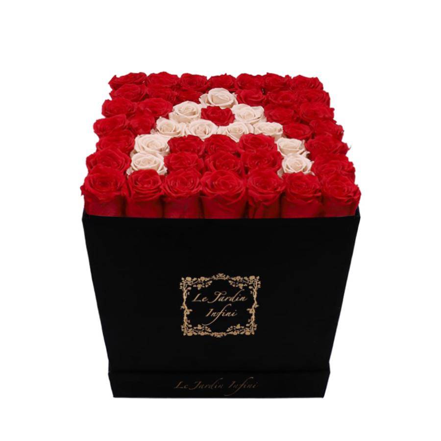Letter A Khaki & Red Preserved Roses - Large Square Luxury Black Suede Box - Le Jardin Infini Roses in a Box