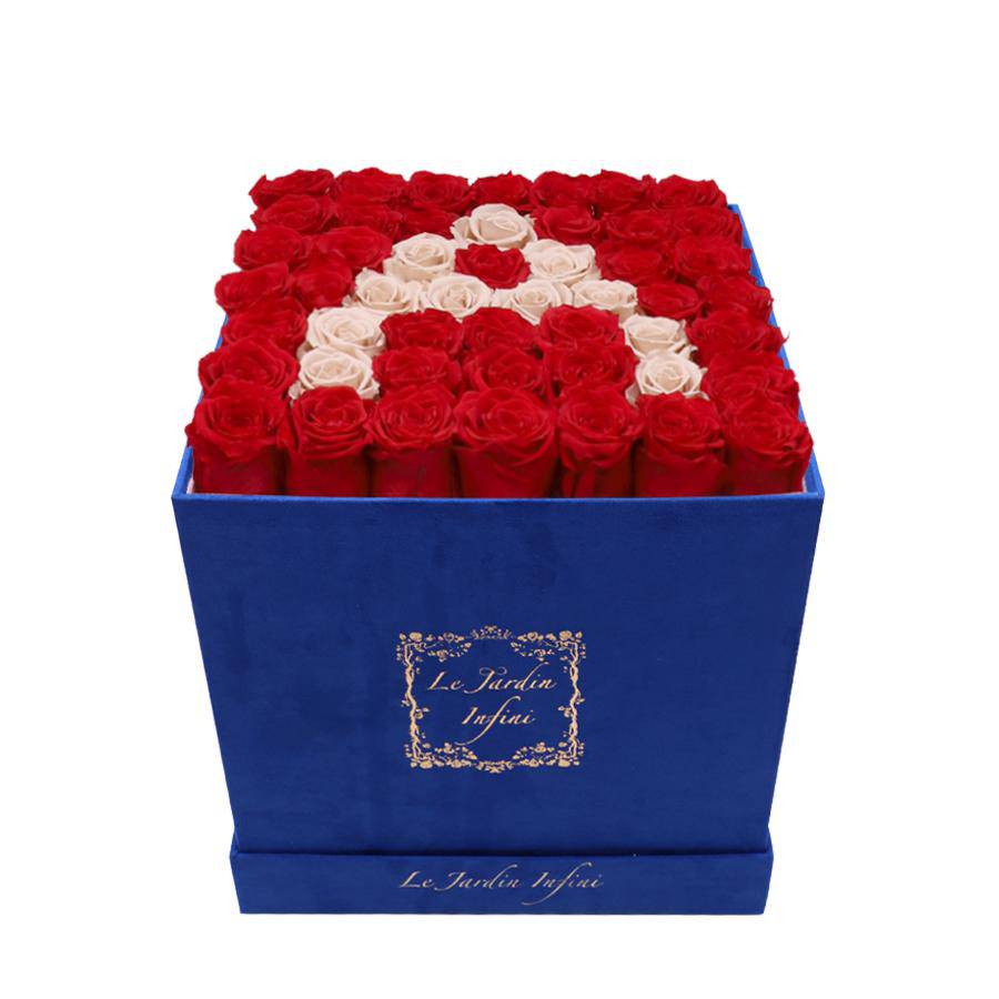 Letter A Khaki & Red Preserved Roses - Large Square Luxury Blue Suede Box - Le Jardin Infini Roses in a Box
