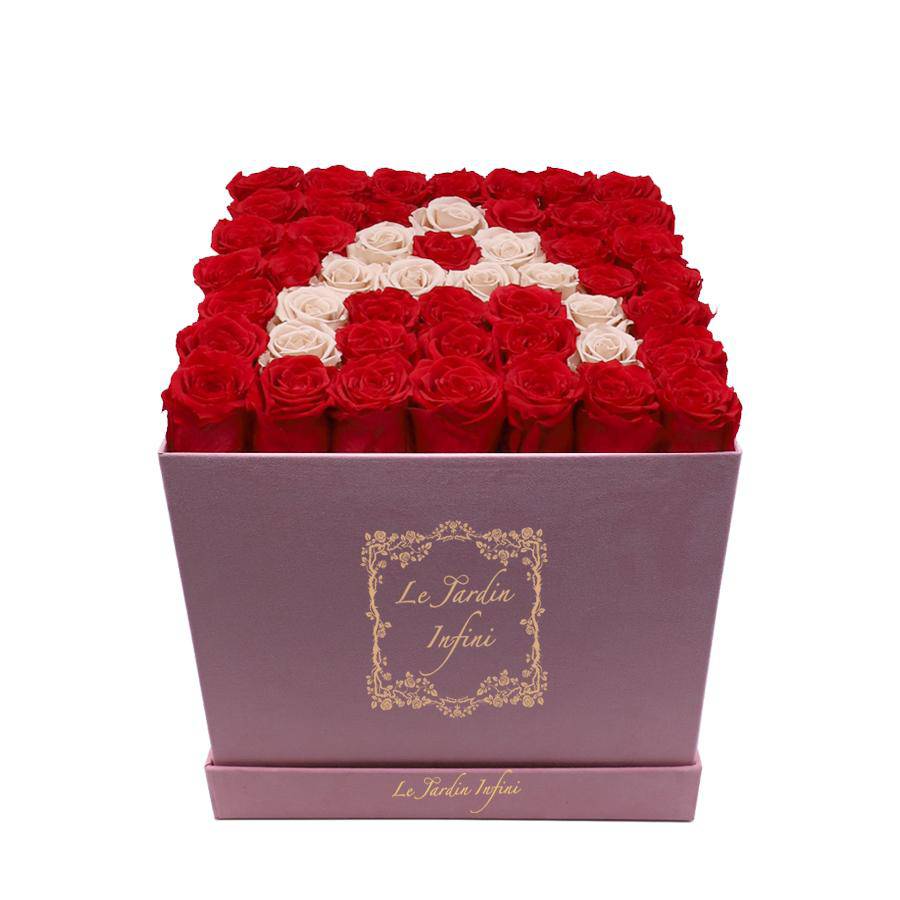Letter A Khaki & Red Preserved Roses - Large Square Luxury Pink Suede Box - Le Jardin Infini Roses in a Box
