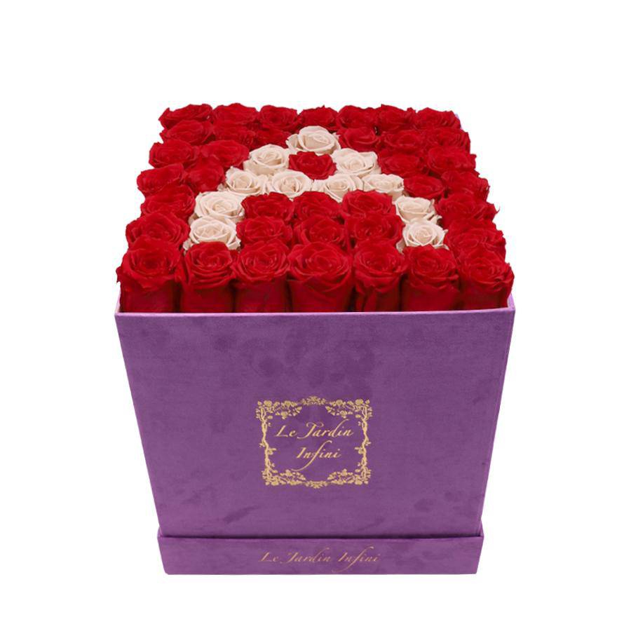 Letter A Khaki & Red Preserved Roses - Large Square Luxury Purple Suede Box - Le Jardin Infini Roses in a Box