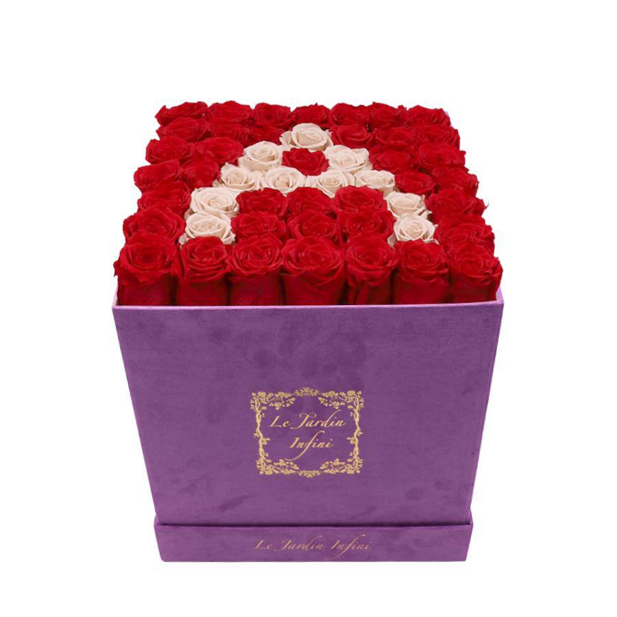 Letter A Khaki & Red Preserved Roses - Large Square Luxury Purple Suede Box