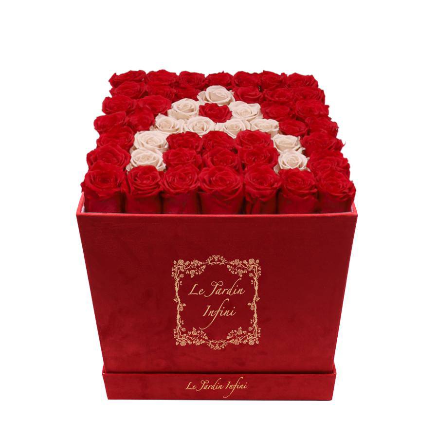 Letter A Khaki & Red Preserved Roses - Large Square Luxury Red Suede Box