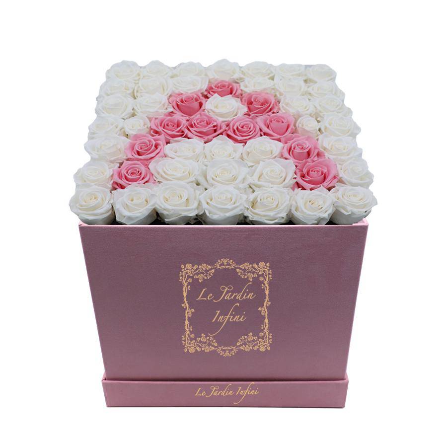 Letter A White & Pink Preserved Roses - Large Square Luxury Pink Suede Box - Le Jardin Infini Roses in a Box