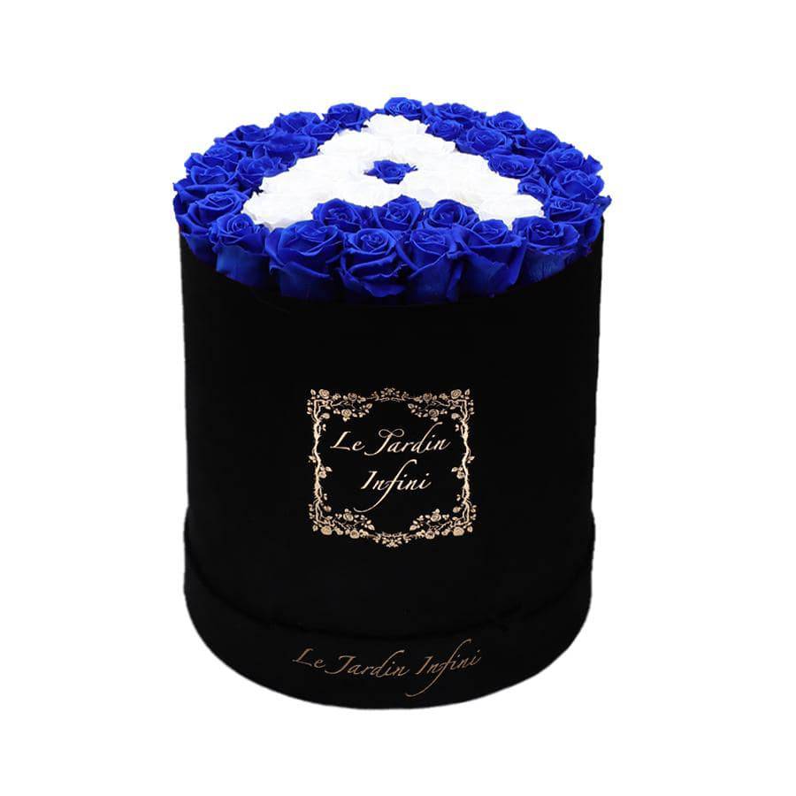 Letter A White & Royal Blue Preserved Roses - Large Round Black Suede Box - Le Jardin Infini Roses in a Box