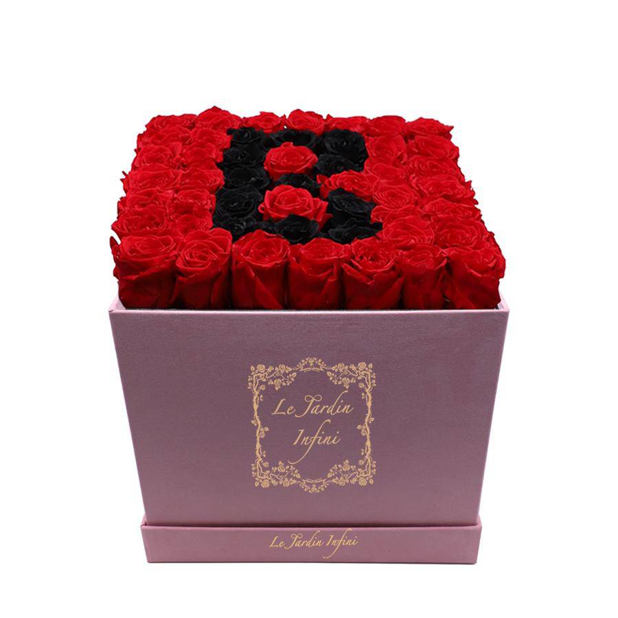 Letter B Black & Red Preserved Roses - Large Square Luxury Pink Suede Box - Le Jardin Infini Roses in a Box