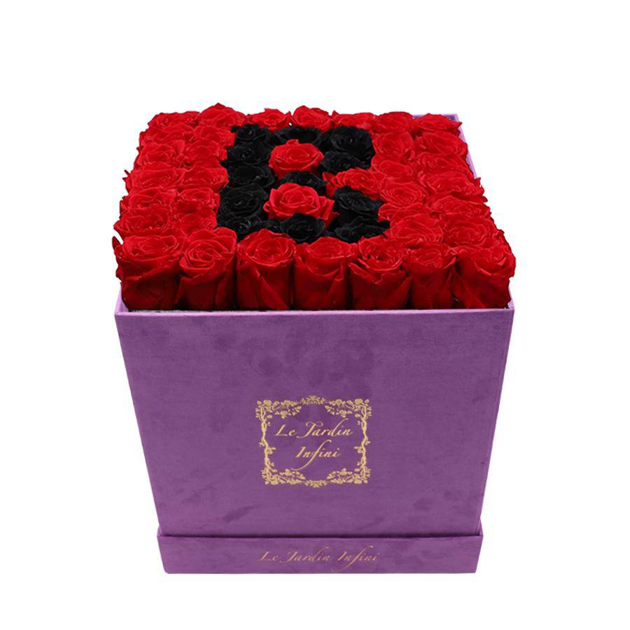 Letter B Black & Red Preserved Roses - Large Square Luxury Purple Suede Box - Le Jardin Infini Roses in a Box