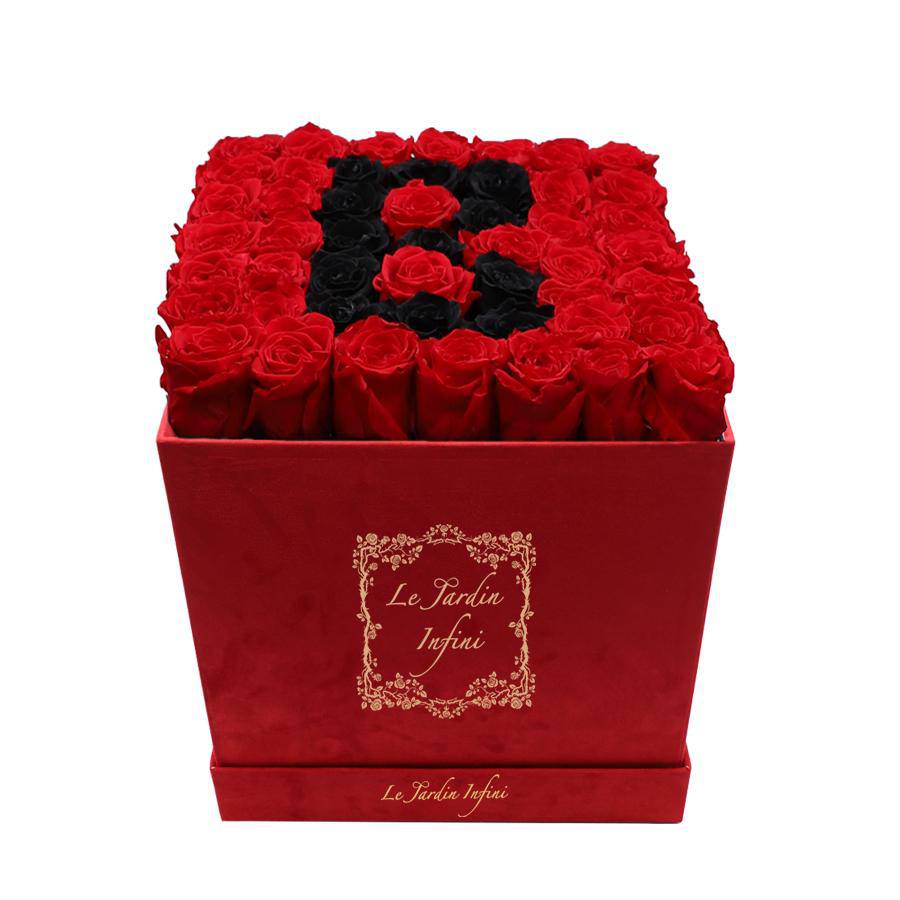 Letter B Black & Red Preserved Roses - Large Square Luxury Red Suede Box - Le Jardin Infini Roses in a Box