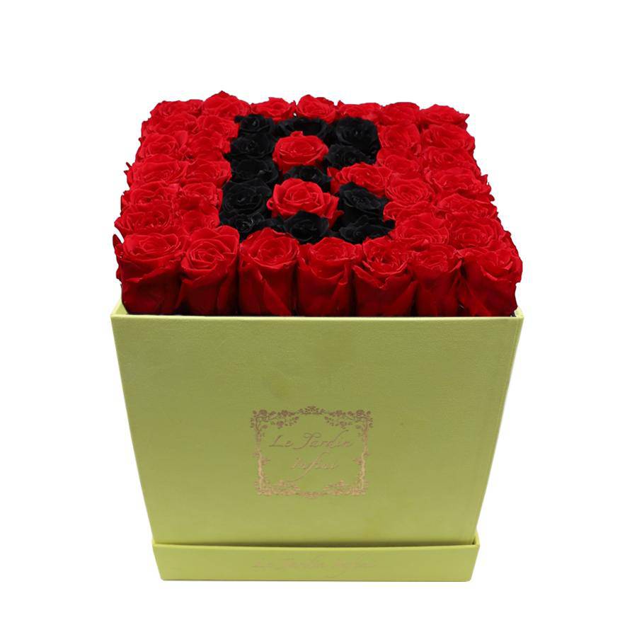 Letter B Black & Red Preserved Roses - Large Square Luxury Yellow Suede Box