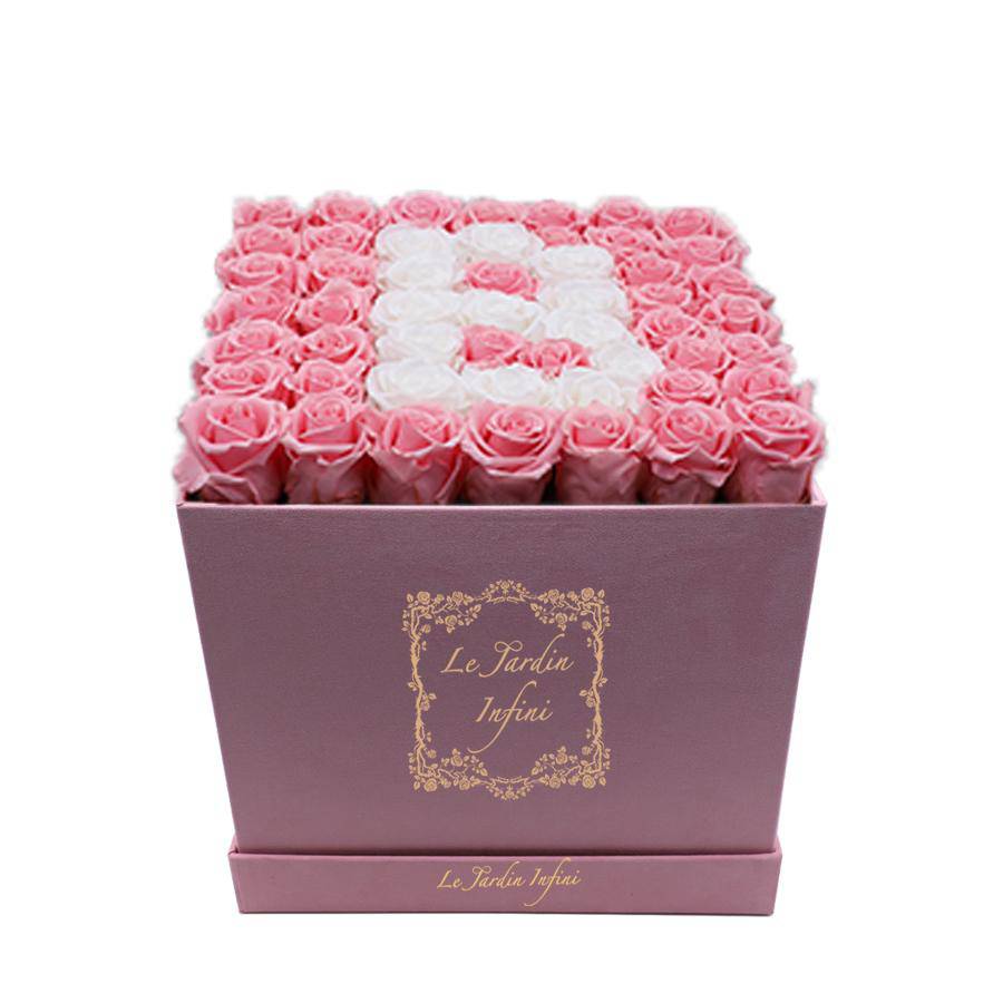 Letter B White & Pink Preserved Roses -  Large Square Luxury Pink Suede Box