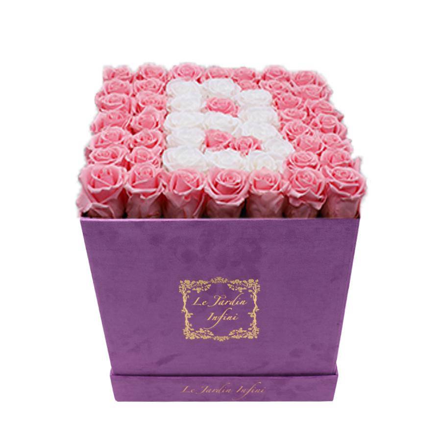 Letter B White & Pink Preserved Roses - Large Square Luxury Purple Suede Box - Le Jardin Infini Roses in a Box
