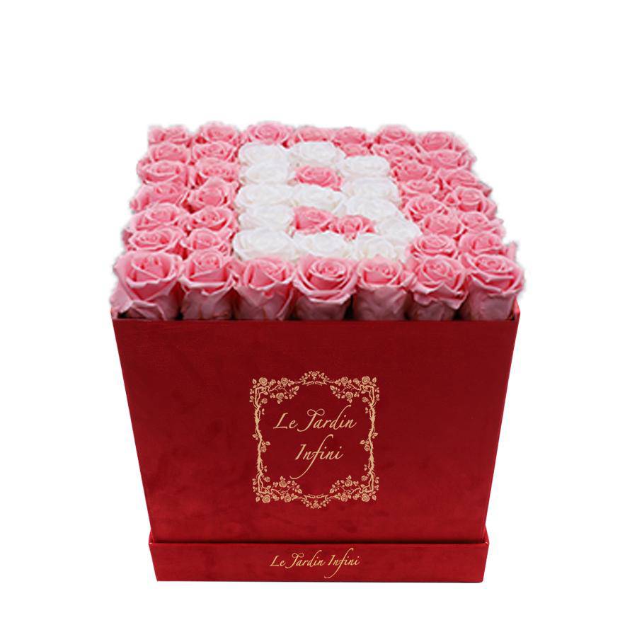 Letter B White & Pink Preserved Roses - Large Square Luxury Red Suede Box - Le Jardin Infini Roses in a Box