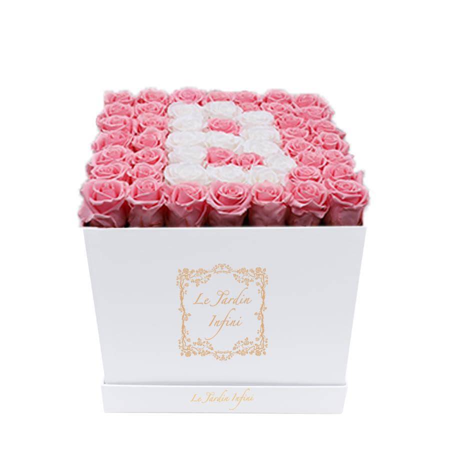 Letter B White & Pink Preserved Roses - Large Square Luxury White Box