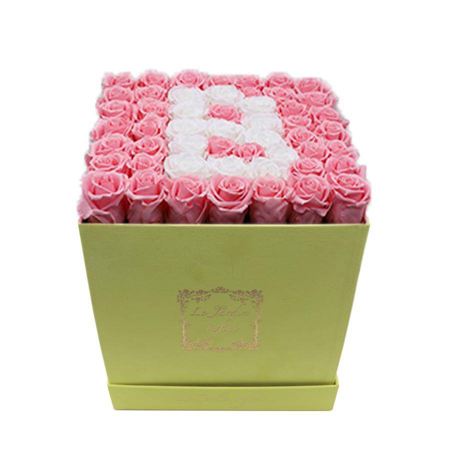 Letter B White & Pink Preserved Roses -  Large Square Luxury Yellow Suede Box