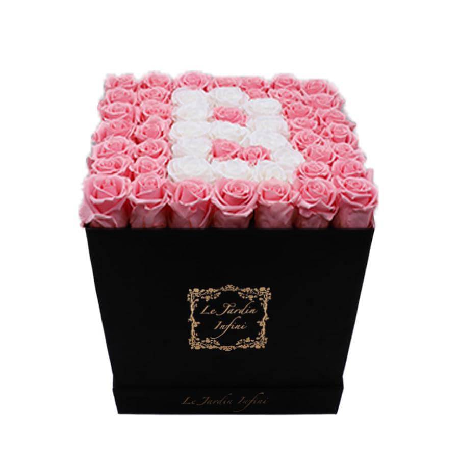 Letter B White & Pink Preserved Roses - Luxury Large Square Black Suede Box - Le Jardin Infini Roses in a Box