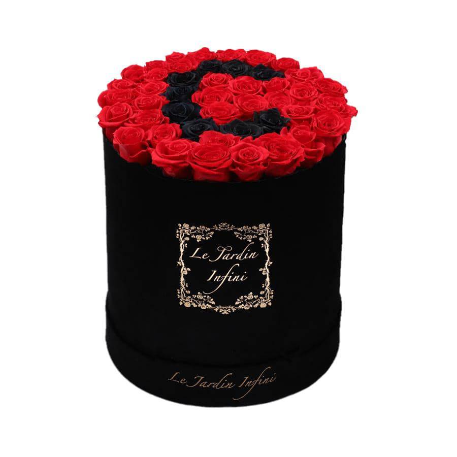 Letter C Black & Red Preserved Roses - Large Round Black Suede Box - Le Jardin Infini Roses in a Box