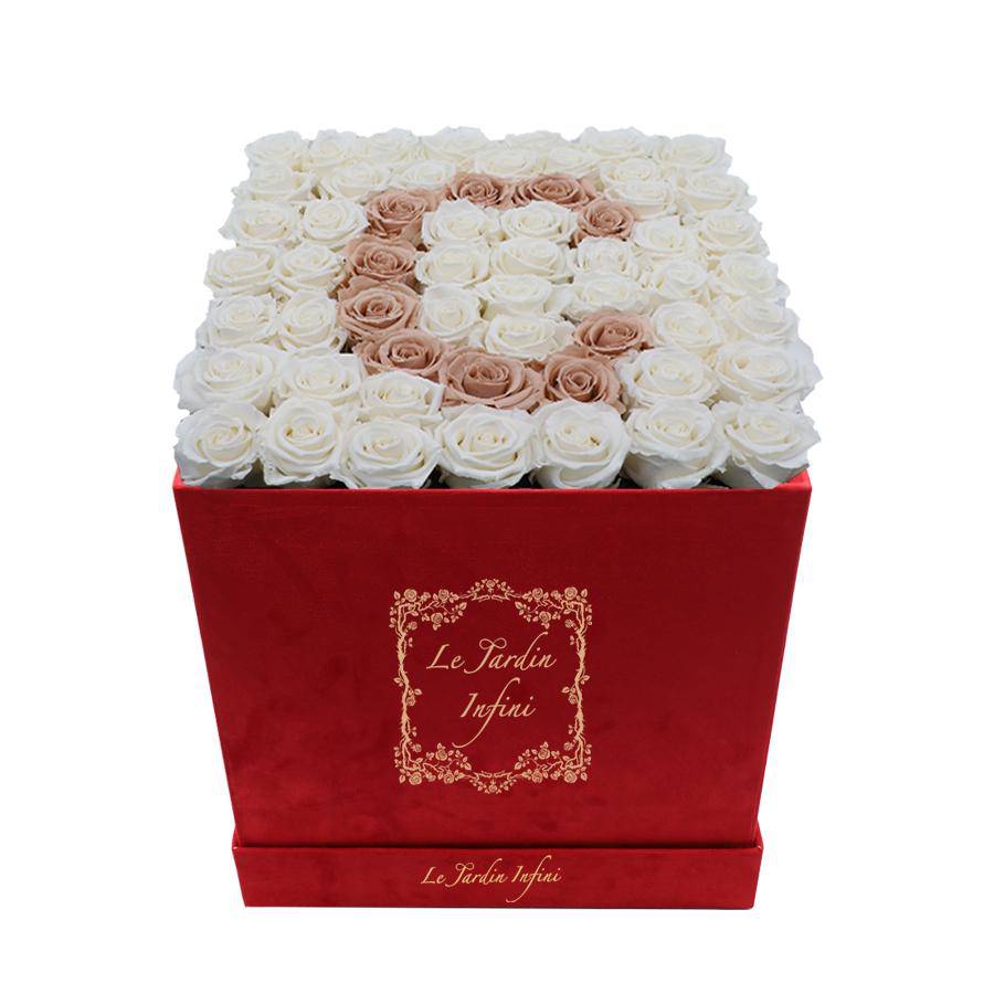 Letter C Khaki & White Preserved Roses - Large Square Luxury Red Suede Box - Le Jardin Infini Roses in a Box