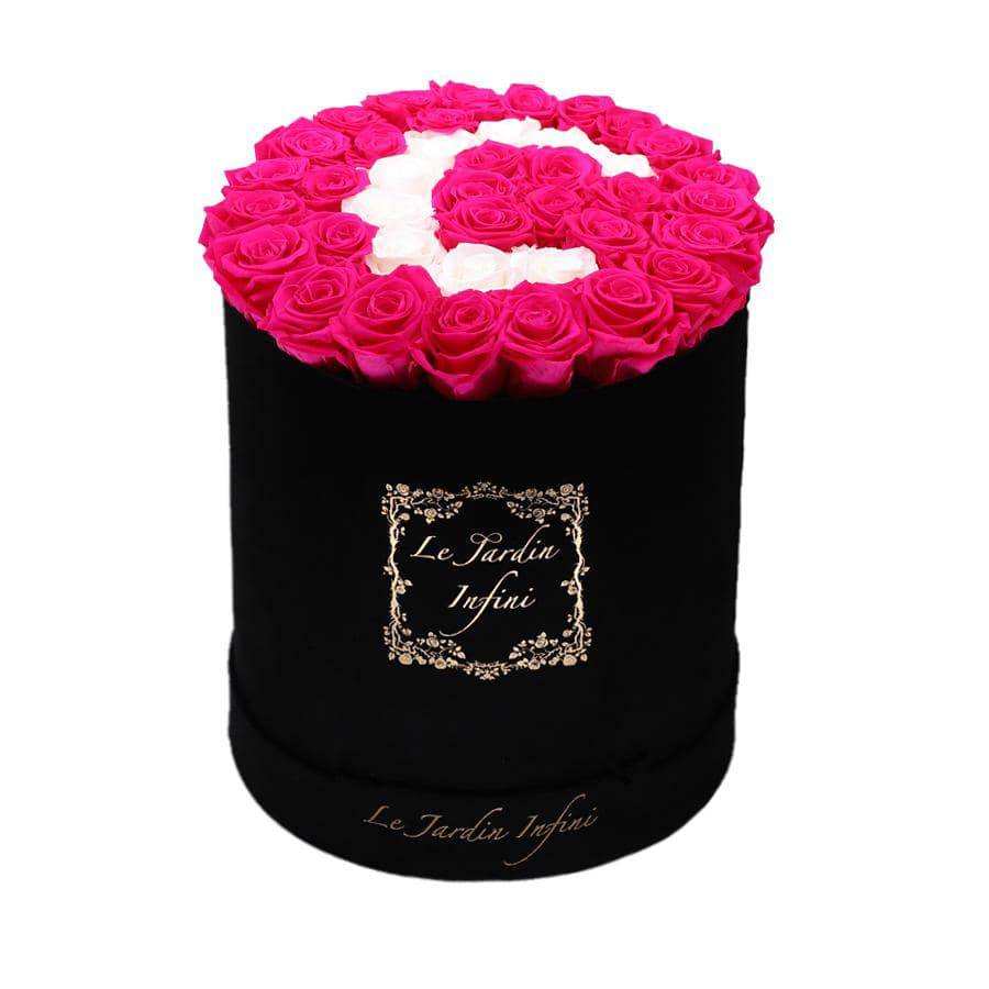 Letter C White & Neon Pink Preserved Roses - Large Round Luxury Black Suede Box