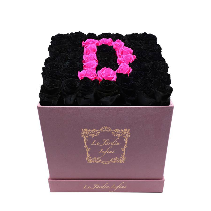 Letter D Hot Pink & Black Preserved Roses - Large Square Luxury Pink Suede Box - Le Jardin Infini Roses in a Box