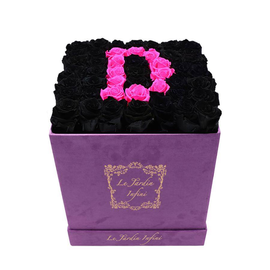Letter D Hot Pink & Black Preserved Roses - Large Square Luxury Purple Suede Box - Le Jardin Infini Roses in a Box