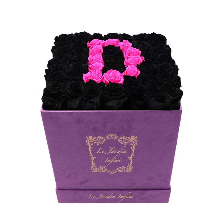 Letter D Hot Pink & Black Preserved Roses - Large Square Luxury Purple Suede Box