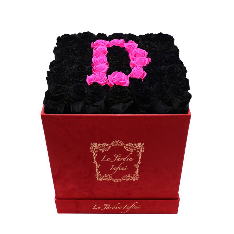 Letter D Hot Pink & Black Preserved Roses - Large Square Luxury Red Suede Box - Le Jardin Infini Roses in a Box
