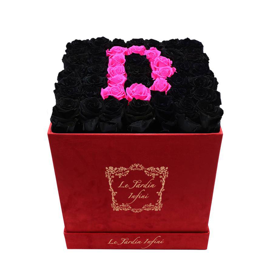 Letter D Hot Pink & Black Preserved Roses - Large Square Luxury Red Suede Box