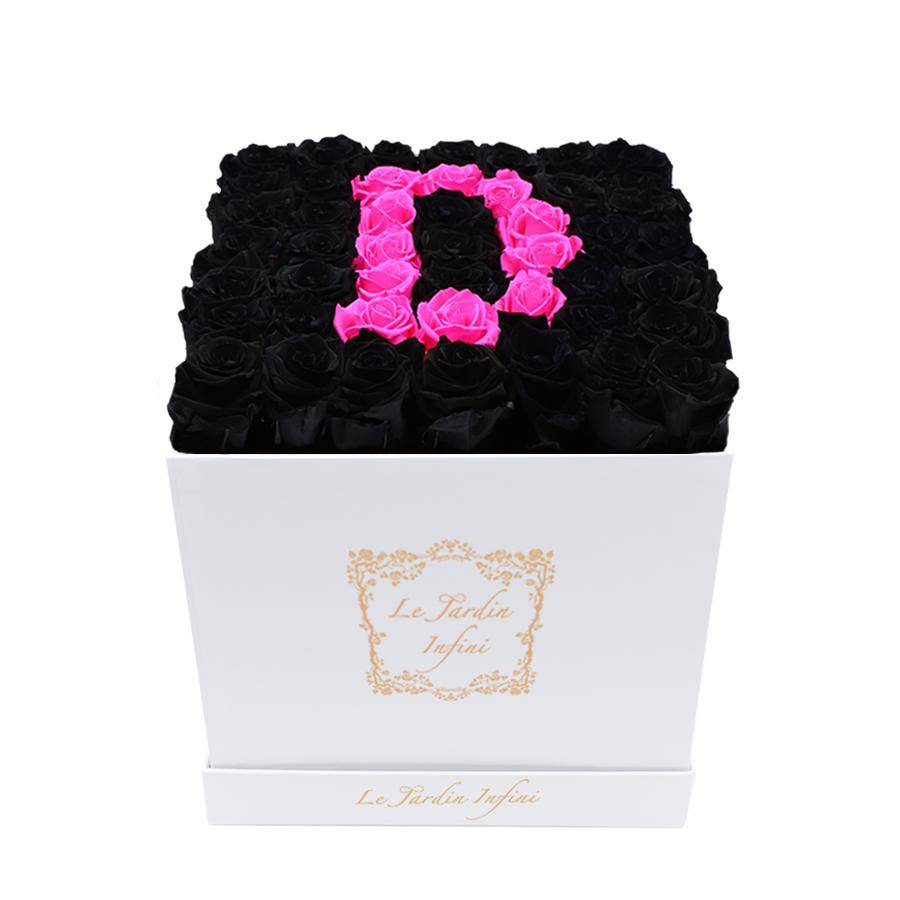 Letter D Hot Pink & Black Preserved Roses - Large Square Luxury White Suede Box - Le Jardin Infini Roses in a Box