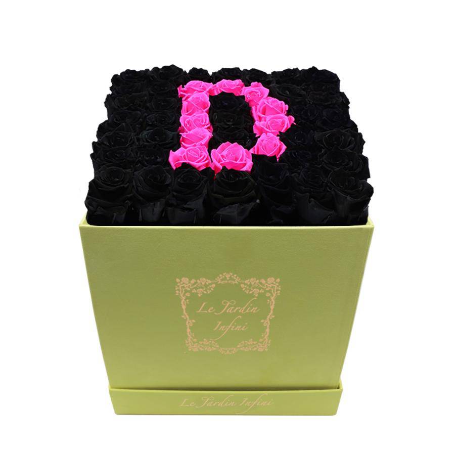 Letter D Hot Pink & Black Preserved Roses - Large Square Luxury Yellow Suede Box