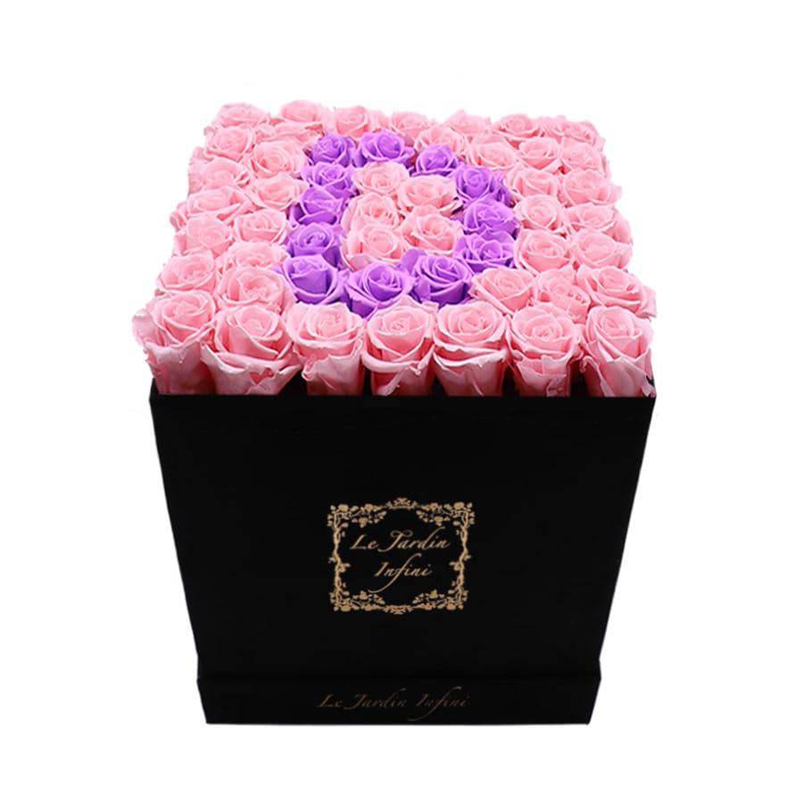 Letter D Lilac & Pink Preserved Roses - Large Square Luxury Black Suede Box - Le Jardin Infini Roses in a Box
