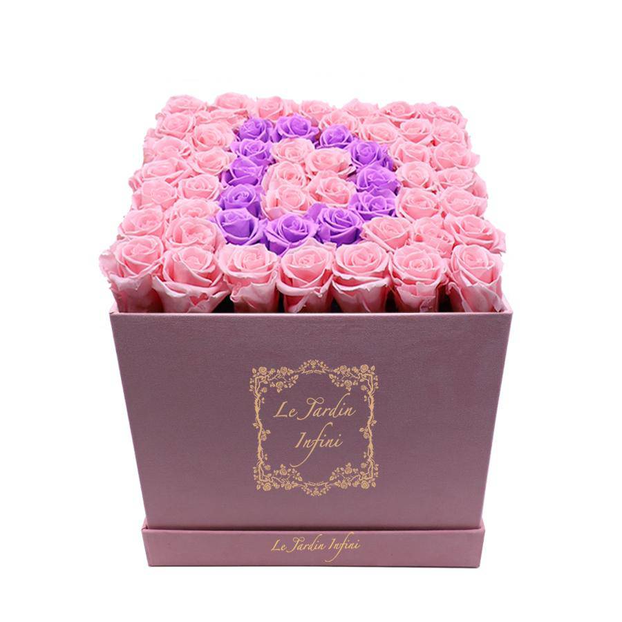 Letter D Lilac & Pink Preserved Roses - Large Square Luxury Pink Suede Box - Le Jardin Infini Roses in a Box