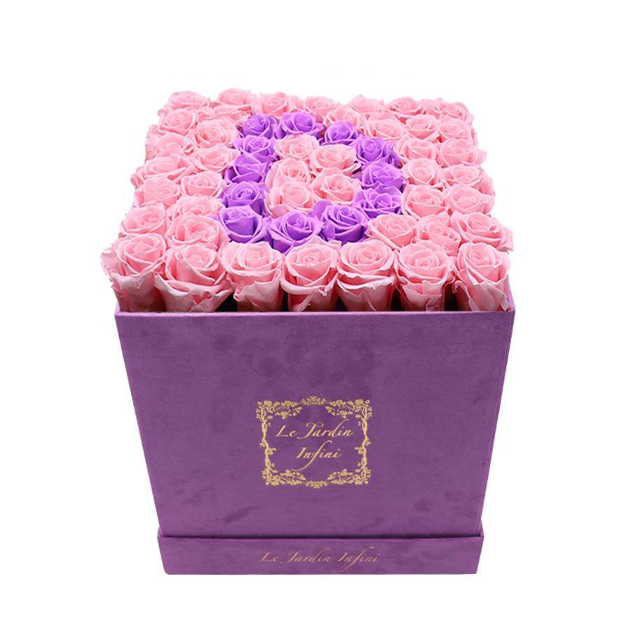 Letter D Lilac & Pink Preserved Roses - Large Square Luxury Purple Suede Box - Le Jardin Infini Roses in a Box