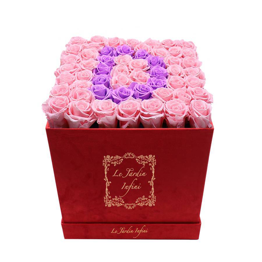 Letter D Lilac & Pink Preserved Roses - Large Square Luxury Red Suede Box - Le Jardin Infini Roses in a Box