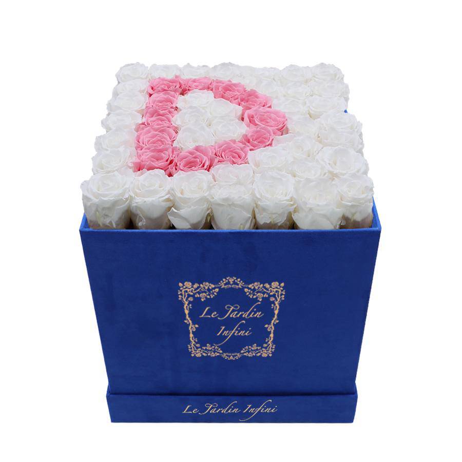 Letter D Pink & White Preserved Roses - Large Square Luxury Blue Suede Box