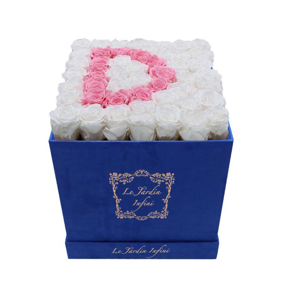 Letter D Pink & White Preserved Roses - Large Square Luxury Blue Suede Box - Le Jardin Infini Roses in a Box