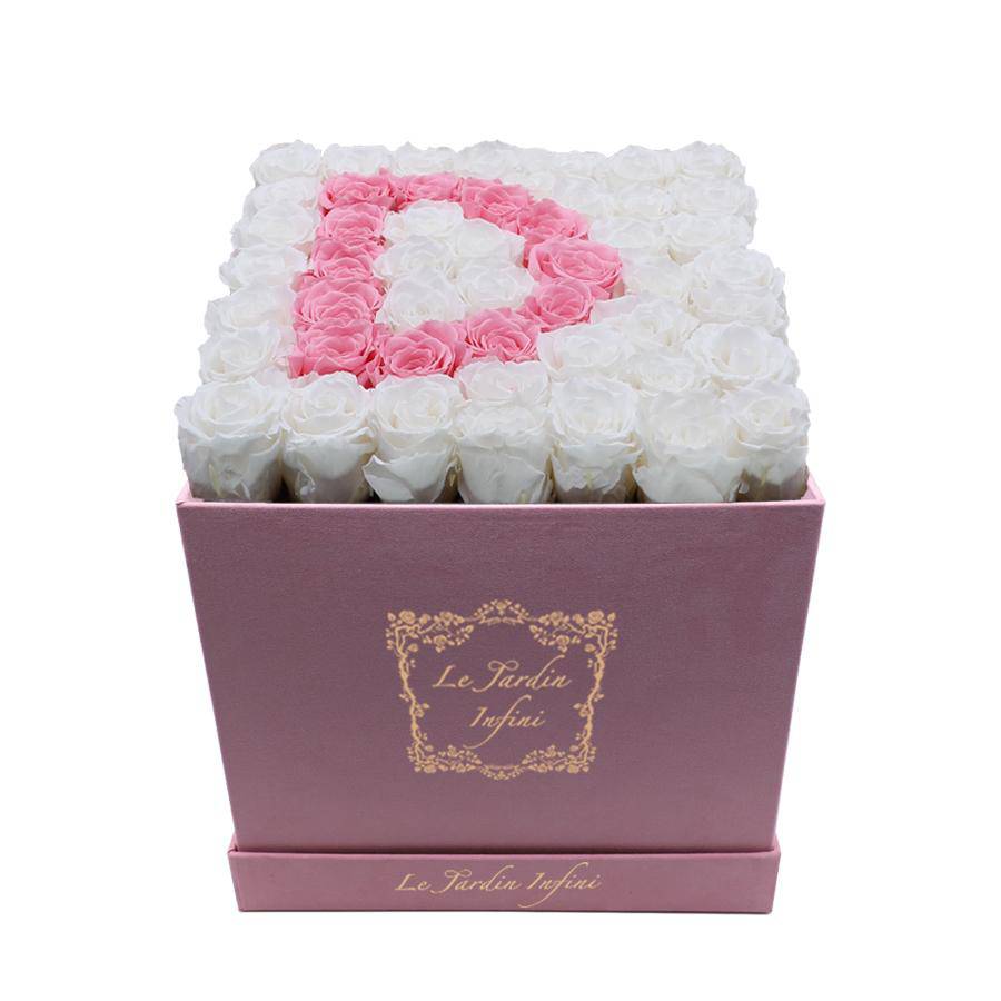 Letter D Pink & White Preserved Roses - Large Square Luxury Pink Suede Box - Le Jardin Infini Roses in a Box