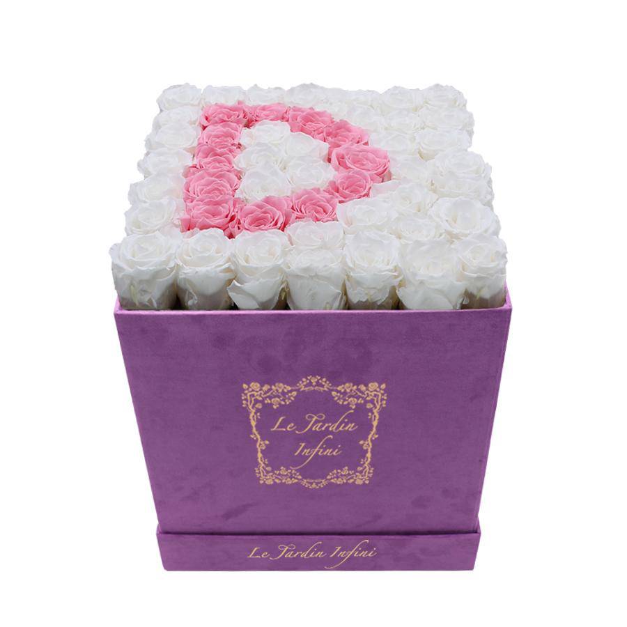 Letter D Pink & White Preserved Roses - Large Square Luxury Purple Suede Box