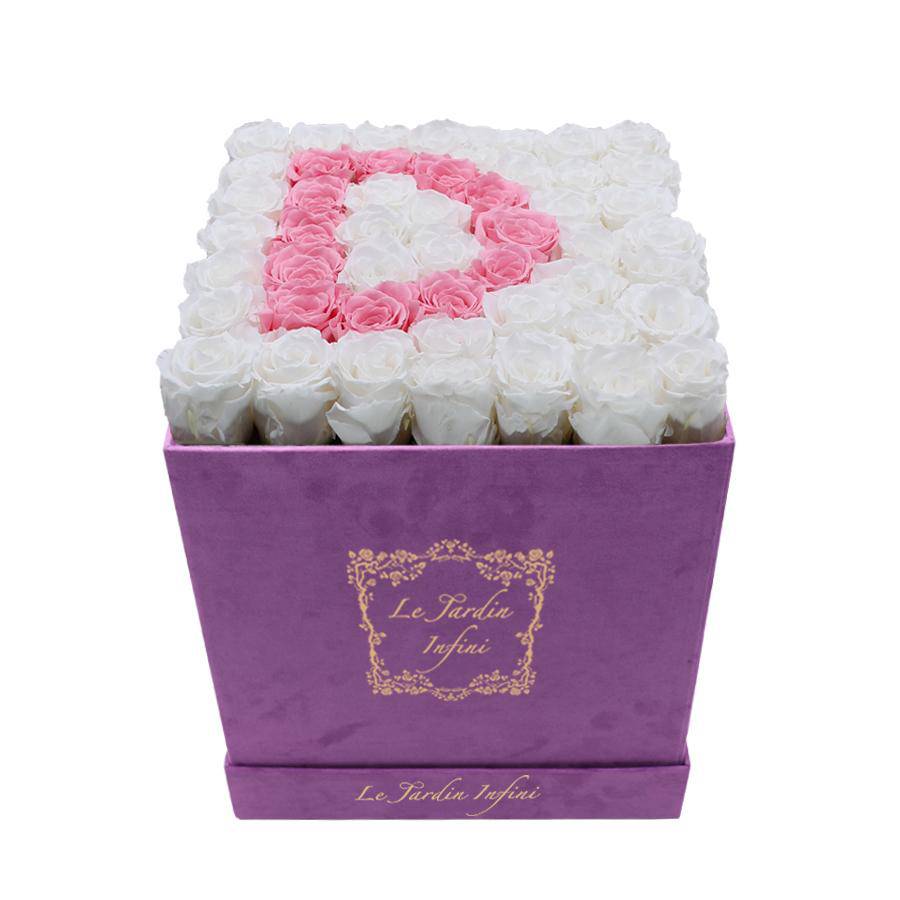 Letter D Pink & White Preserved Roses - Large Square Luxury Purple Suede Box - Le Jardin Infini Roses in a Box