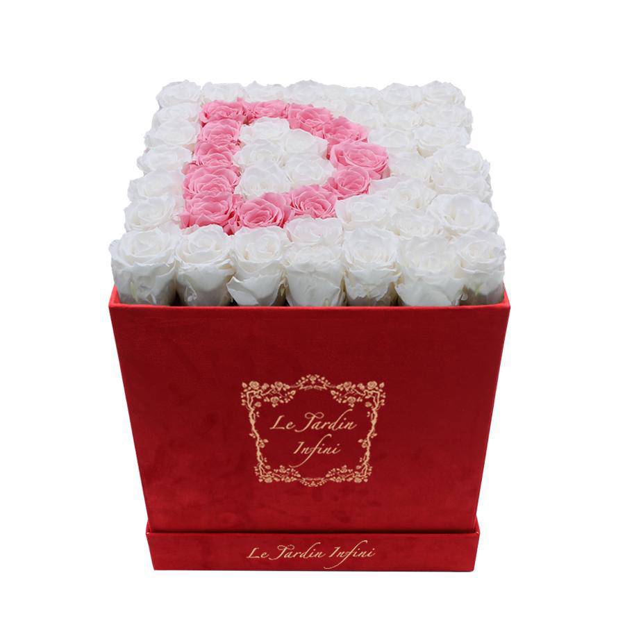 Letter D Pink & White Preserved Roses - Large Square Luxury Red Suede Box - Le Jardin Infini Roses in a Box