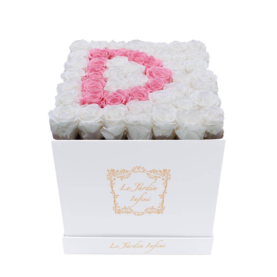 Letter D Pink & White Preserved Roses - Large Square Luxury White Suede Box - Le Jardin Infini Roses in a Box
