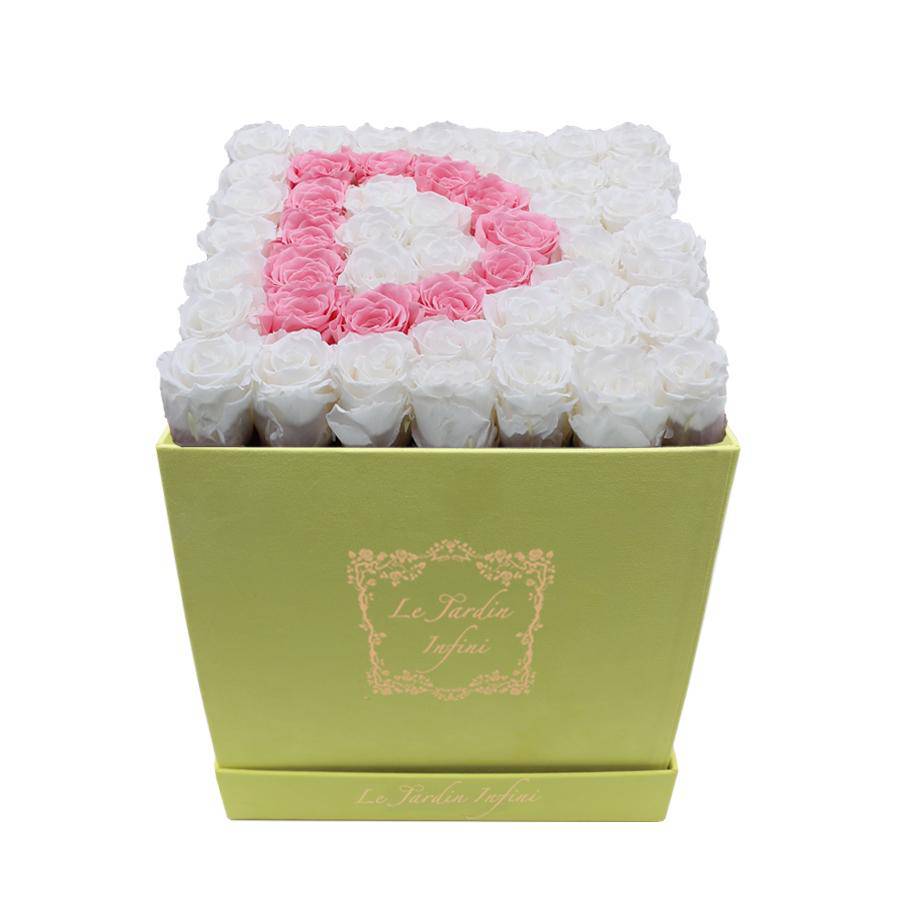 Letter D Pink & White Preserved Roses - Large Square Luxury Yellow Suede Box - Le Jardin Infini Roses in a Box
