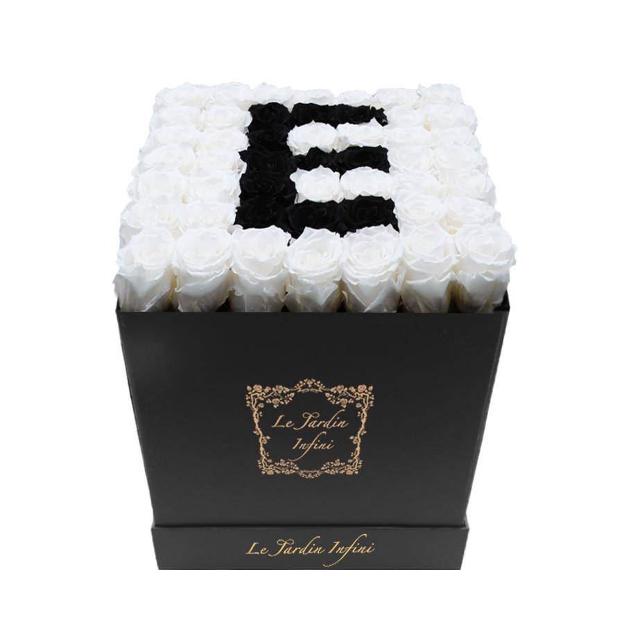 Letter E Black & White Preserved Roses - Large Square Luxury Black Box - Le Jardin Infini Roses in a Box