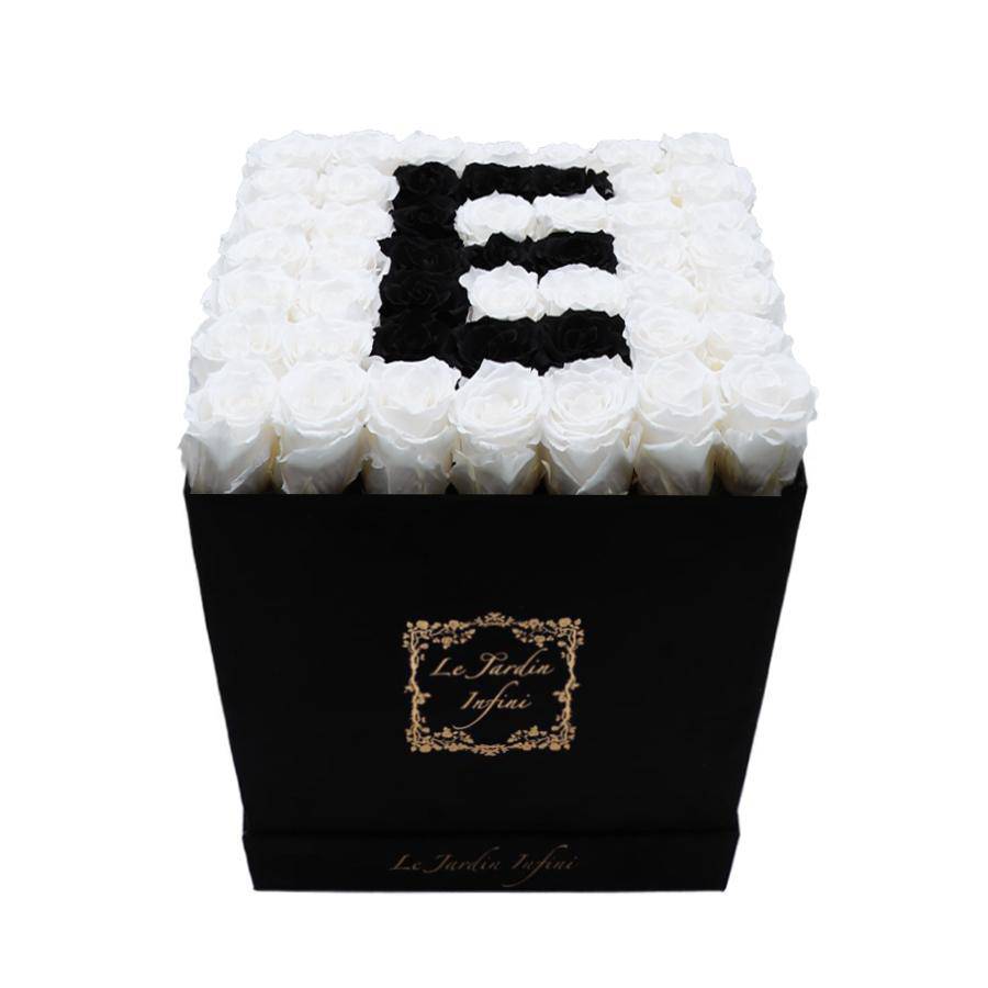 Letter E Black & White Preserved Roses - Large Square Luxury Black Suede Box - Le Jardin Infini Roses in a Box