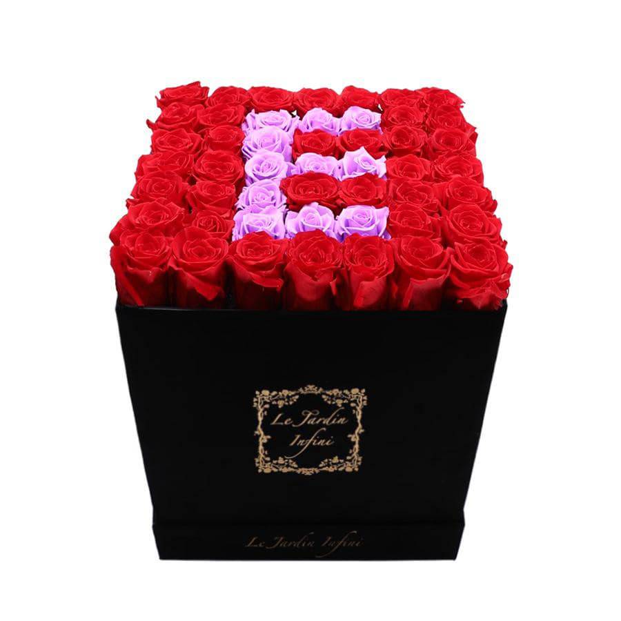 Letter E Lilac & Red Preserved Roses - Large Square Luxury Black Suede Box - Le Jardin Infini Roses in a Box