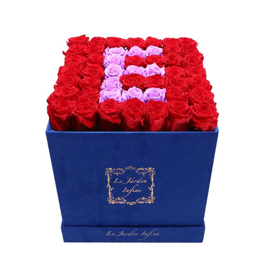 Letter E Lilac & Red Preserved Roses - Large Square Luxury Blue Suede Box - Le Jardin Infini Roses in a Box