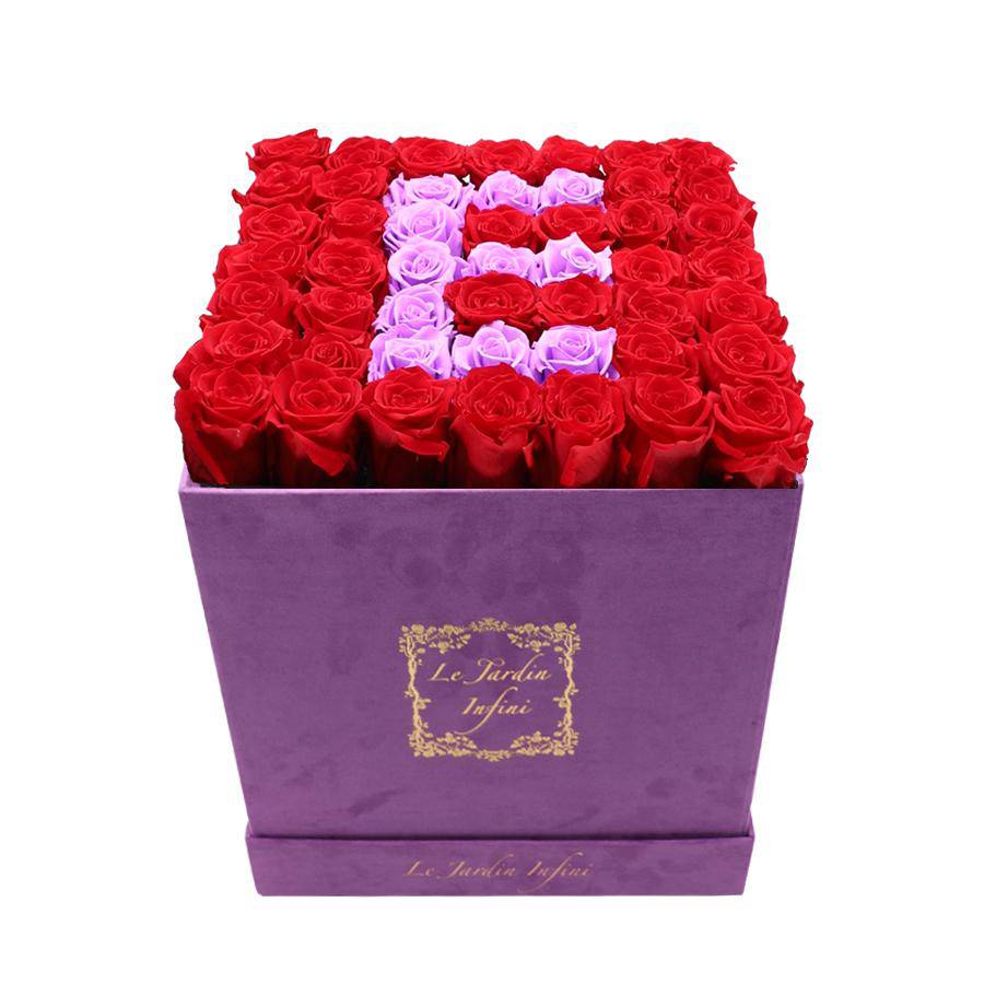 Letter E Lilac & Red Preserved Roses - Large Square Luxury Purple Suede Box - Le Jardin Infini Roses in a Box