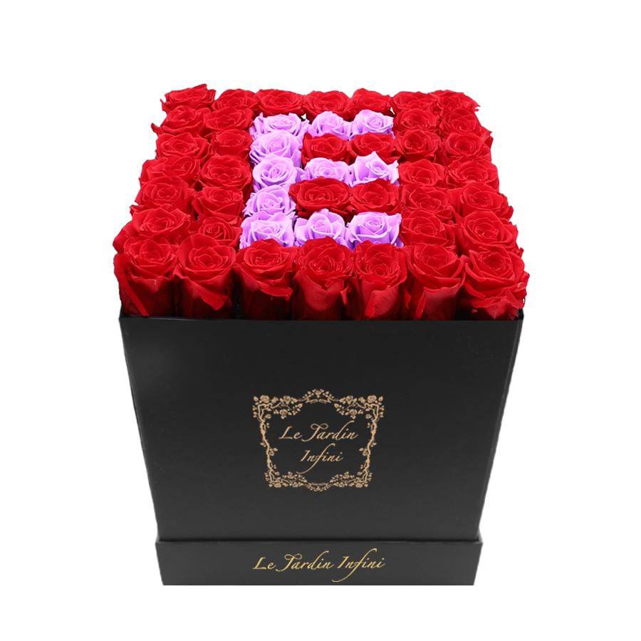 Letter E Lilac & Red Preserved Roses - Luxury Large Square Black Box - Le Jardin Infini Roses in a Box