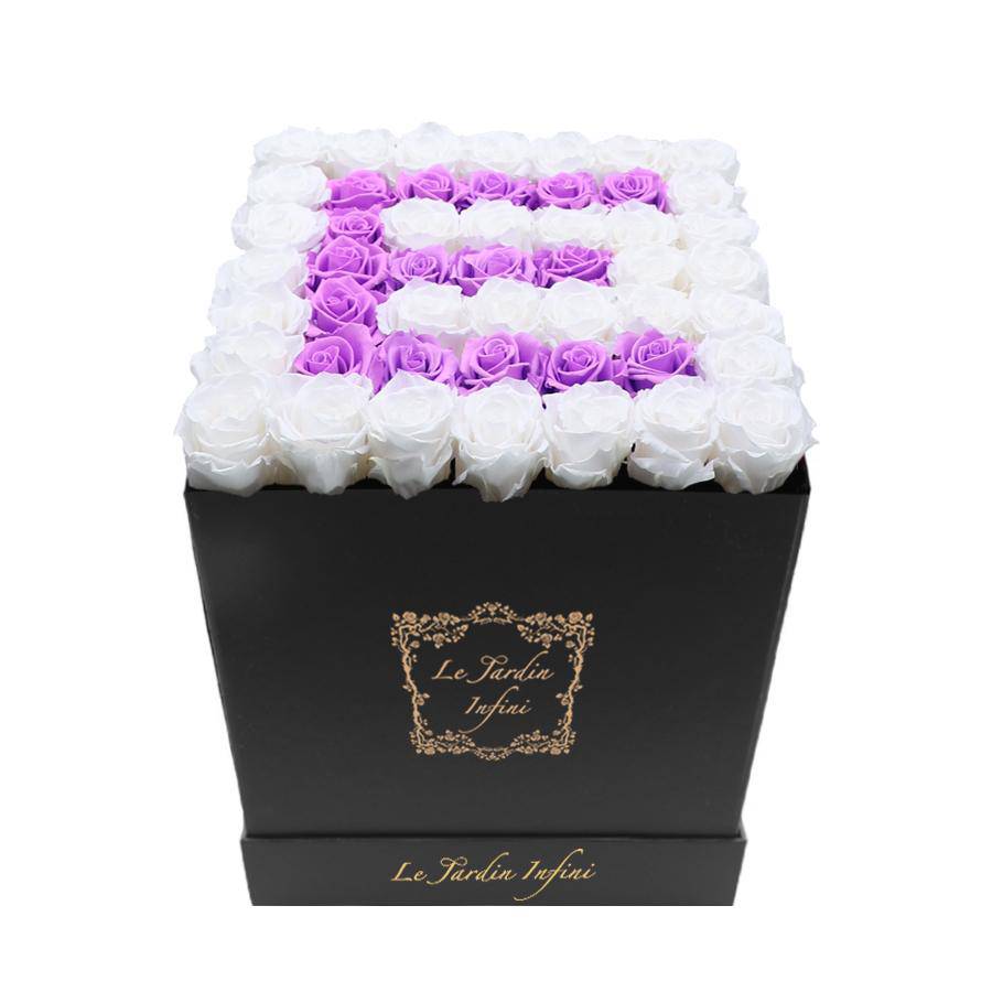 Letter E Lilac & White Preserved Roses - Large Square Luxury Black Box - Le Jardin Infini Roses in a Box